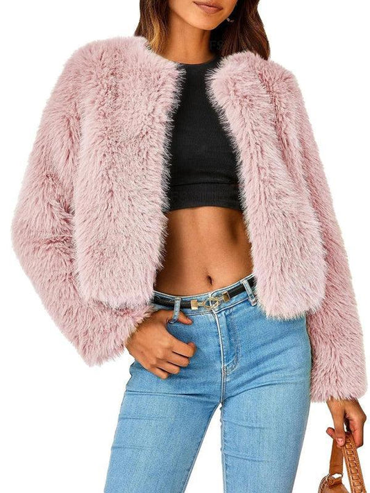 Women's Furry Multicolor Collarless Top Short Jacket - 808Lush