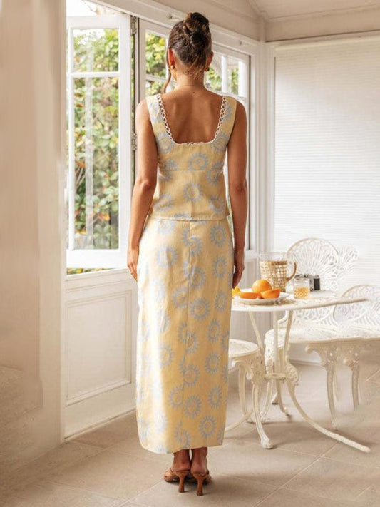Women's Lace Spliced Square Neck Top Printed Long Skirt Hem Slit Long Skirt Suit - 808Lush