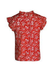 Women's Red Printed Ruffled Short Sleeve Shirt - 808Lush