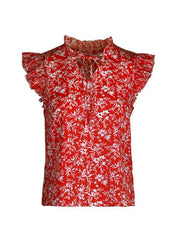 Women's Red Printed Ruffled Short Sleeve Shirt - 808Lush