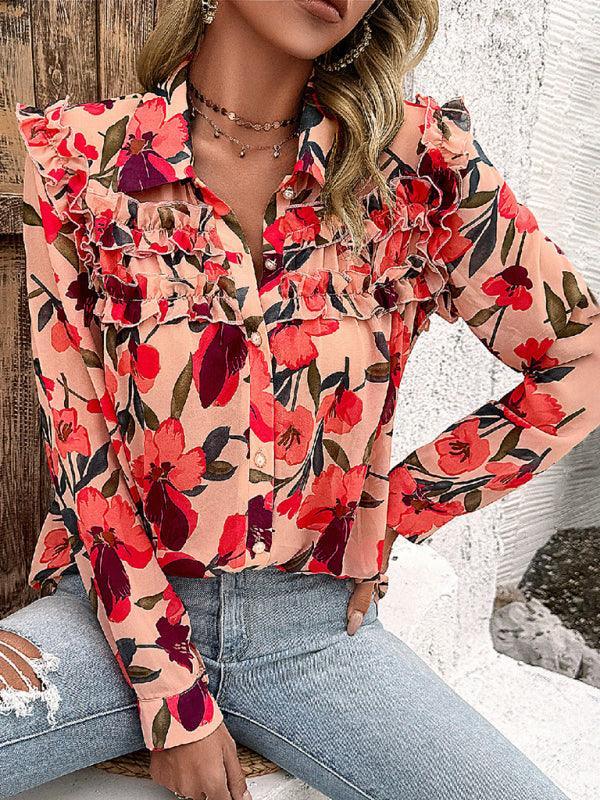 Women's Resort Casual Floral Print Long Sleeve Shirt - 808Lush