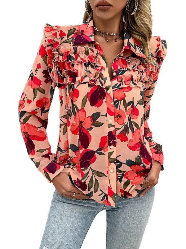 Women's Resort Casual Floral Print Long Sleeve Shirt - 808Lush