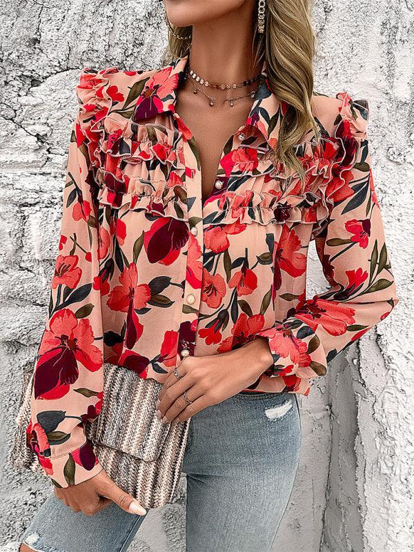 Women's Resort Casual Floral Print Long Sleeve Shirt - 808Lush