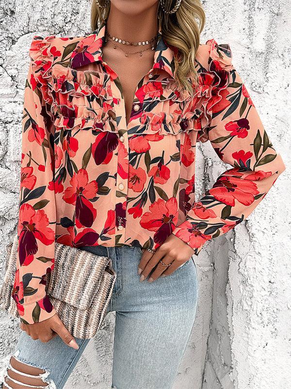 Women's Resort Casual Floral Print Long Sleeve Shirt - 808Lush