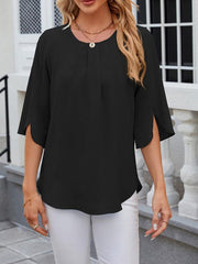 Women's Round Neck Quarter Sleeve Loose Chiffon Shirt Top - 808Lush