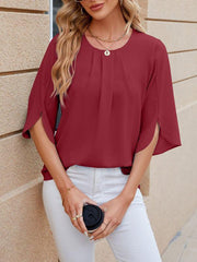 Women's Round Neck Quarter Sleeve Loose Chiffon Shirt Top - 808Lush