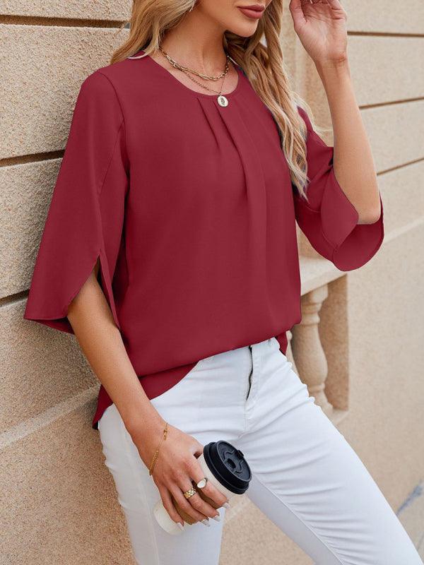 Women's Round Neck Quarter Sleeve Loose Chiffon Shirt Top - 808Lush