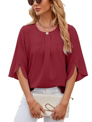 Women's Round Neck Quarter Sleeve Loose Chiffon Shirt Top - 808Lush