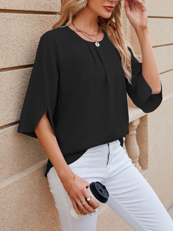 Women's Round Neck Quarter Sleeve Loose Chiffon Shirt Top - 808Lush