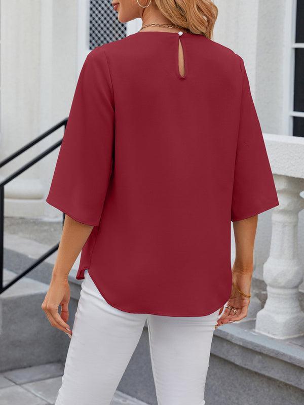 Women's Round Neck Quarter Sleeve Loose Chiffon Shirt Top - 808Lush