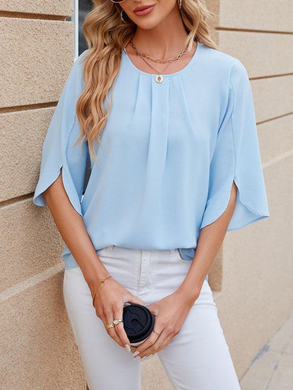 Women's Round Neck Quarter Sleeve Loose Chiffon Shirt Top - 808Lush