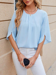 Women's Round Neck Quarter Sleeve Loose Chiffon Shirt Top - 808Lush