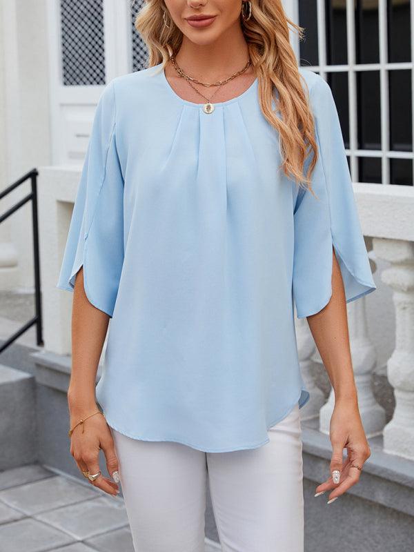 Women's Round Neck Quarter Sleeve Loose Chiffon Shirt Top - 808Lush