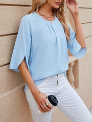 Women's Round Neck Quarter Sleeve Loose Chiffon Shirt Top - 808Lush