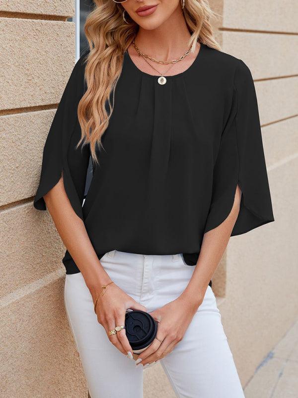 Women's Round Neck Quarter Sleeve Loose Chiffon Shirt Top - 808Lush