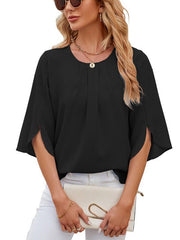 Women's Round Neck Quarter Sleeve Loose Chiffon Shirt Top - 808Lush