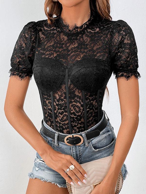 Women's Round Neck Short Sleeve Lace Bodysuit - 808Lush