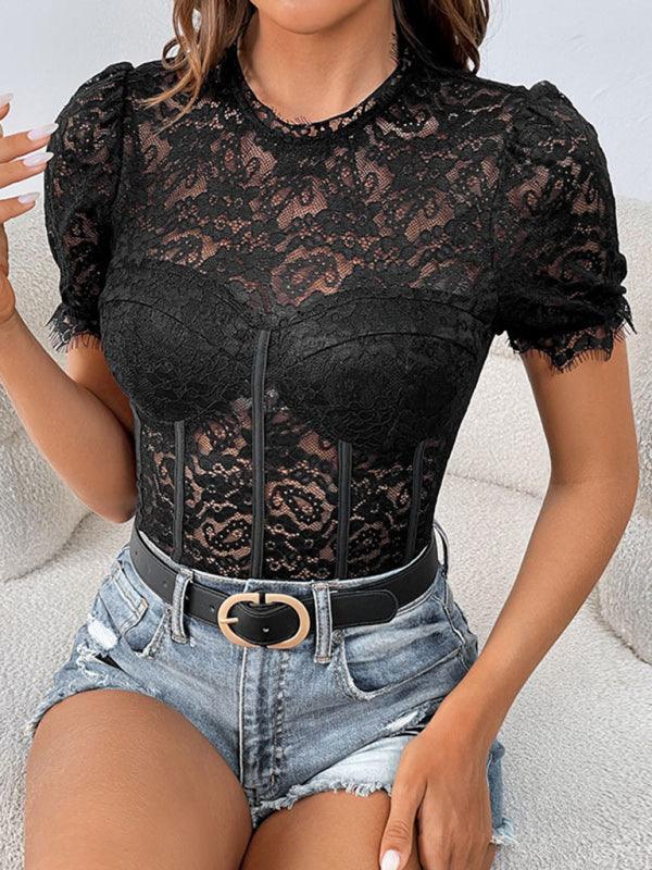 Women's Round Neck Short Sleeve Lace Bodysuit - 808Lush