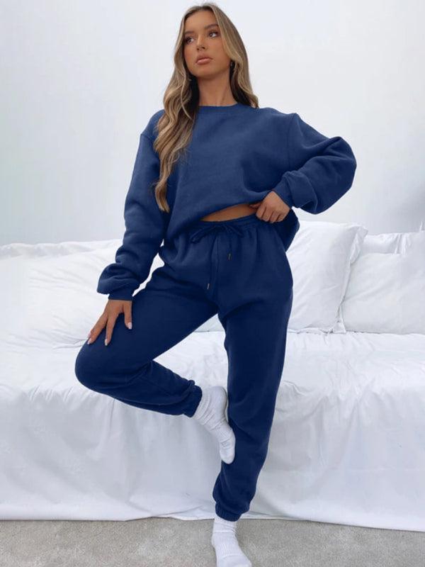 Women's Round Fashionable Casual Collar Pullover Long Sleeve Trousers Sweater Suit - 808Lush