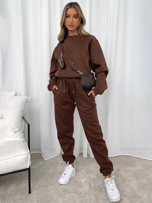 Women's Round Fashionable Casual Collar Pullover Long Sleeve Trousers Sweater Suit - 808Lush