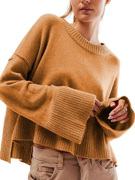 Women's Round Neck Bell Sleeve Pullover Fashion Sweater - 808Lush