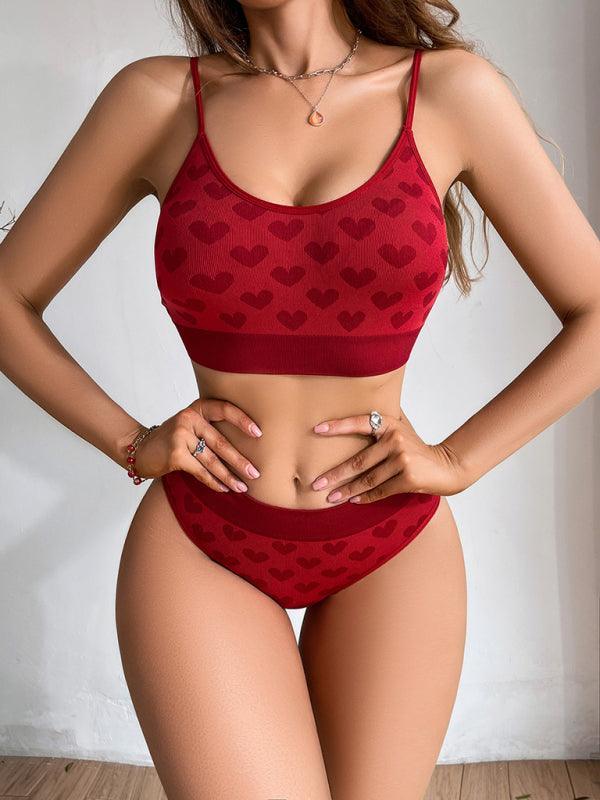 Women's Valentine's Day Red Love Breathable Thin Strap Adjustable Seamless Underwear Set - 808Lush