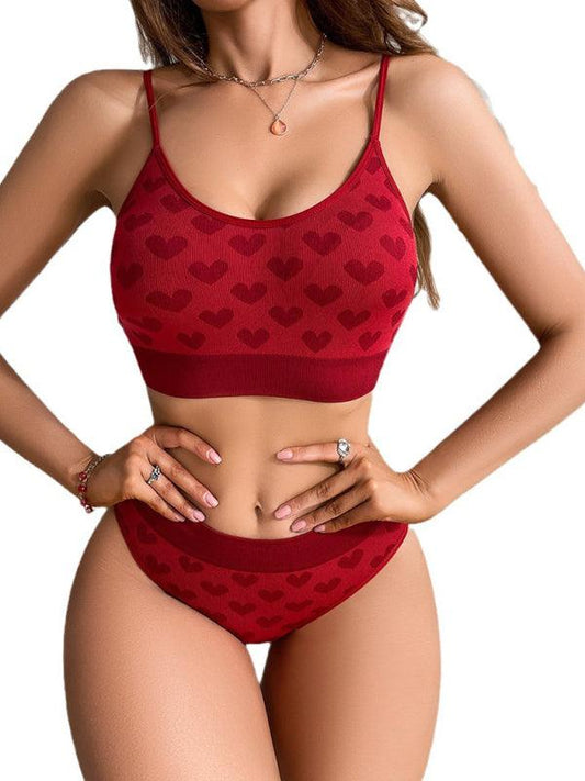 Women's Valentine's Day Red Love Breathable Thin Strap Adjustable Seamless Underwear Set - 808Lush
