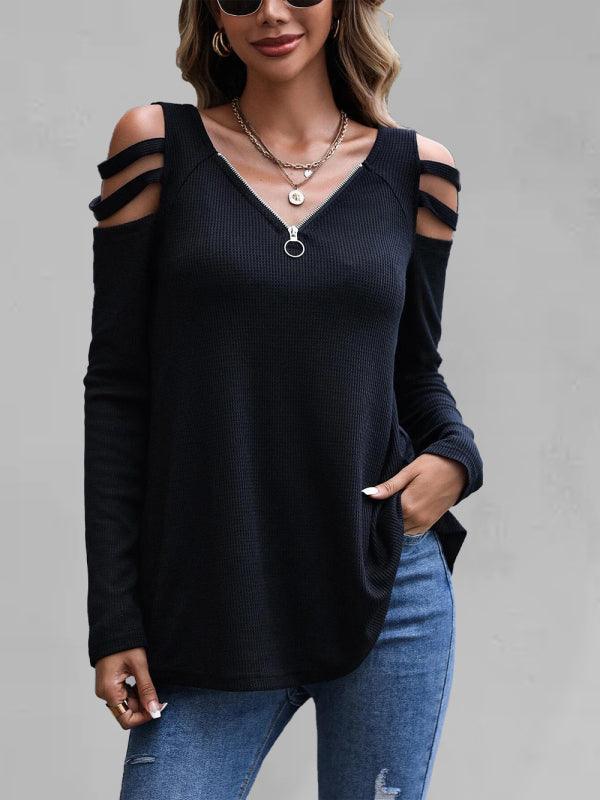 Women's Off Shoulder Zipper Long Sleeve Waffle T-Shirt Top - 808Lush