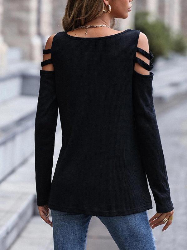 Women's Off Shoulder Zipper Long Sleeve Waffle T-Shirt Top - 808Lush