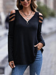 Women's Off Shoulder Zipper Long Sleeve Waffle T-Shirt Top - 808Lush