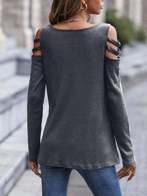 Women's Off Shoulder Zipper Long Sleeve Waffle T-Shirt Top - 808Lush