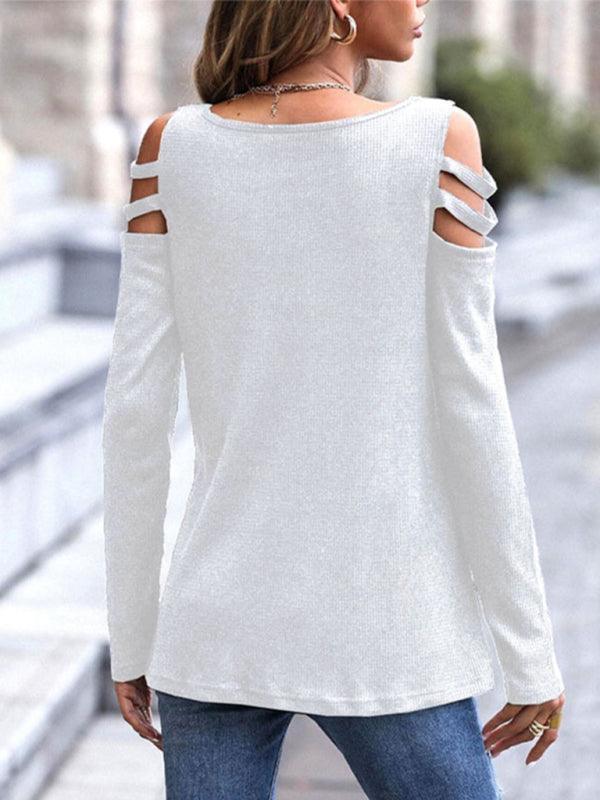 Women's Off Shoulder Zipper Long Sleeve Waffle T-Shirt Top - 808Lush