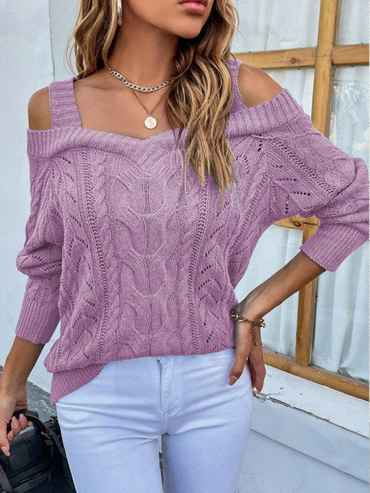 Women's Off-the-shoulder solid color braided long-sleeve sweater - 808Lush