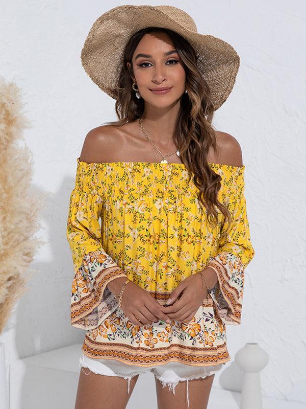 Women's One Shoulder Floral Flared Sleeve Top - 808Lush