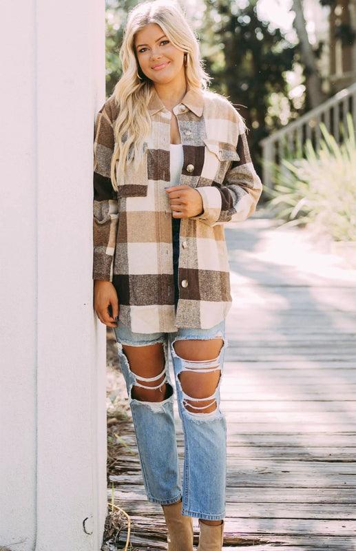 Women's Plaid Shirt Single-Breasted Woolen Coat - 808Lush