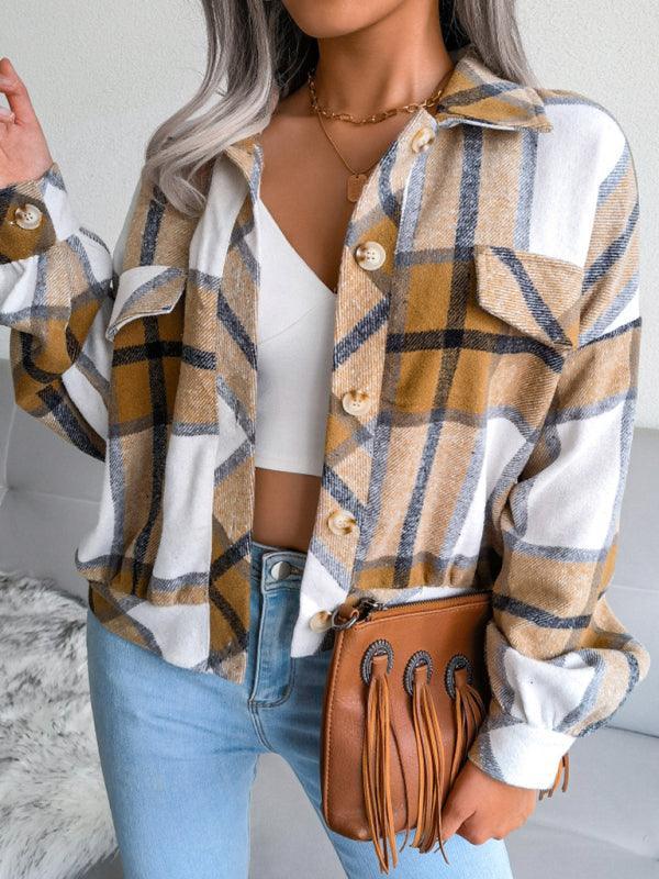 Women's Plaid lantern long sleeve woolen coat - 808Lush