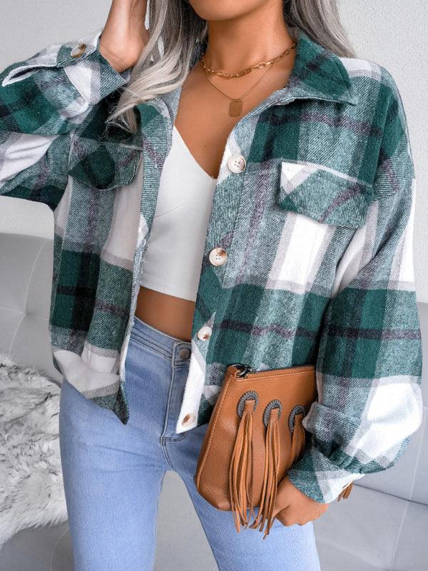 Women's Plaid lantern long sleeve woolen coat - 808Lush