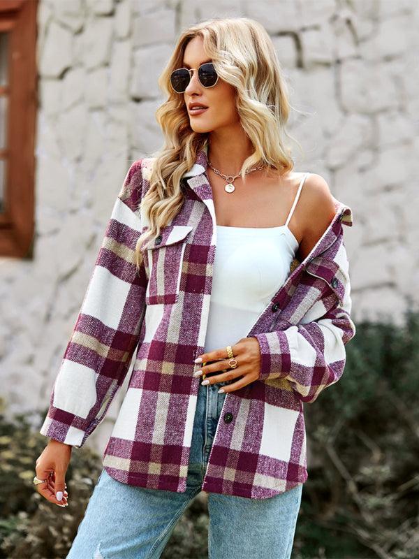 Women's Plaid long sleeve casual coat - 808Lush