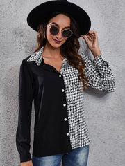 Women's Plaid stitched bubble sleeve Long Sleeve Shirt - 808Lush