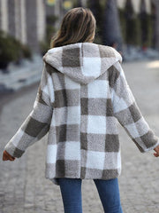 Women's Plush Hooded Plaid Long Sleeve Loose Jacket - 808Lush