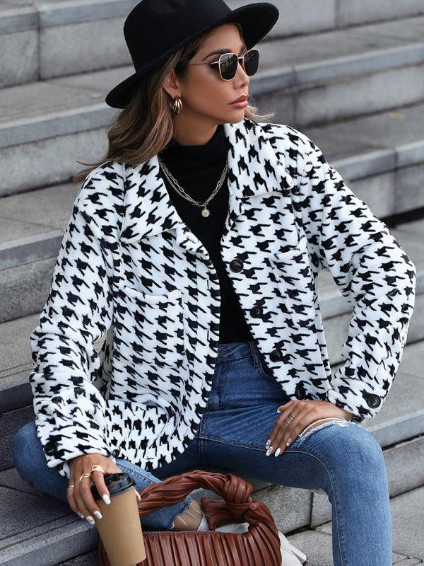 Women's Plush Women's Long Sleeve Loose Houndstooth Jacket - 808Lush