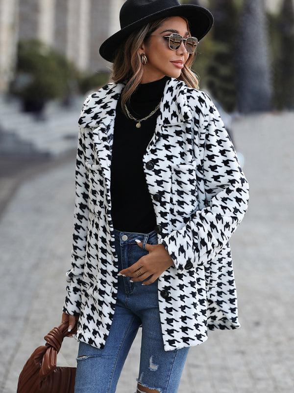 Women's Plush Women's Long Sleeve Loose Houndstooth Jacket - 808Lush