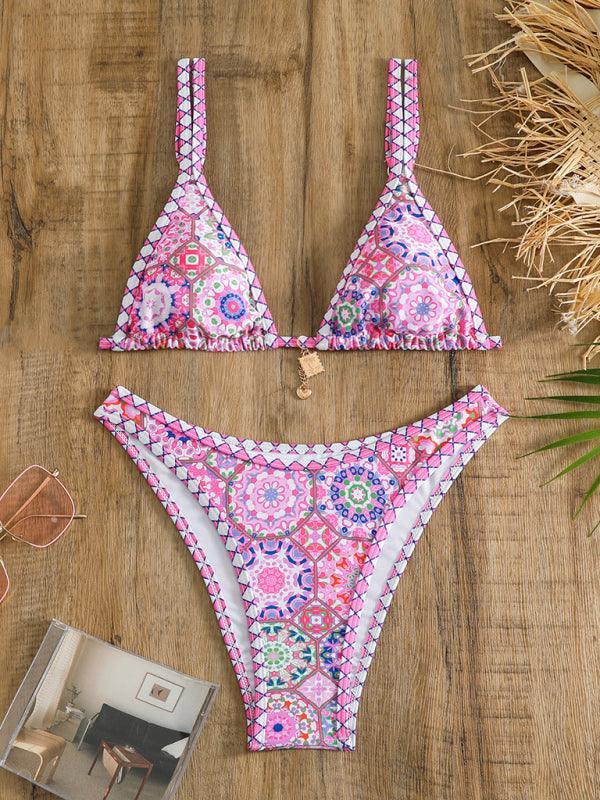 Women's Positioning printing suspenders sexy lace-up two-piece bikini - 808Lush