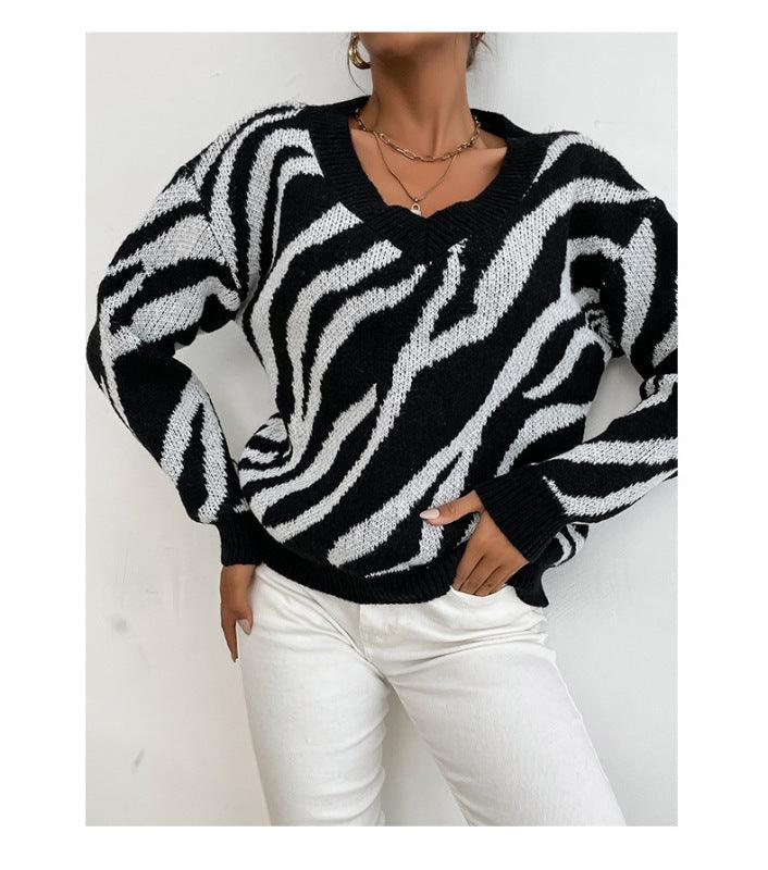 Women's Pullover V-Neck Black Zebra Sweater - 808Lush