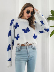 Women's Ripped Butterfly Jacquard Short Sweater - 808Lush