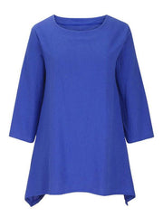 Women's Round Neck Asymmetric Hem Solid Short Sleeve Shirt - 808Lush