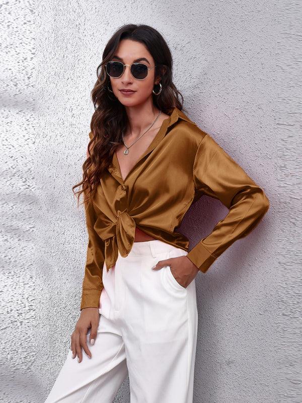 Women's Satin imitation silk long sleeved shirt - 808Lush