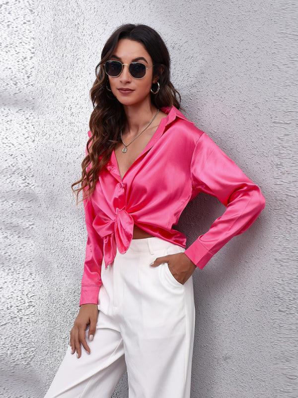 Women's Satin imitation silk long sleeved shirt - 808Lush