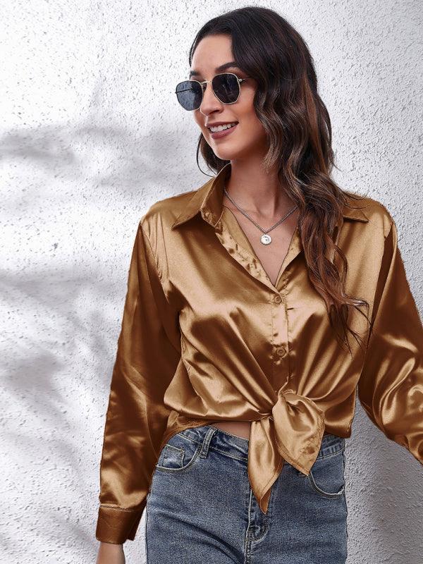 Women's Satin imitation silk long sleeved shirt - 808Lush