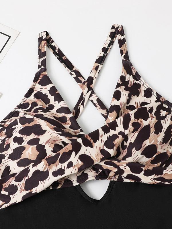 Women's Sexy One-piece Leopard Print Cross Hollow Back Cross Butterfly Button One-Piece Swimsuit - 808Lush